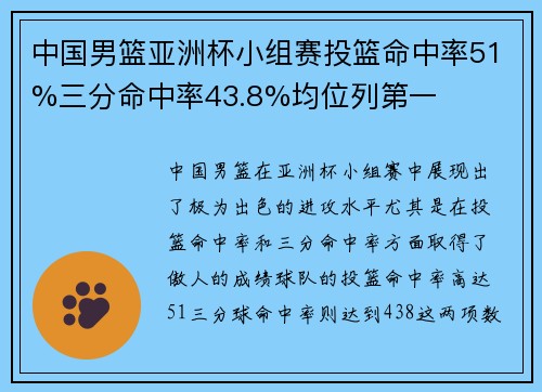 中国男篮亚洲杯小组赛投篮命中率51%三分命中率43.8%均位列第一